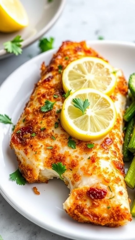 Crispy air fryer tilapia fillet garnished with parsley and lemon, served with vegetables.